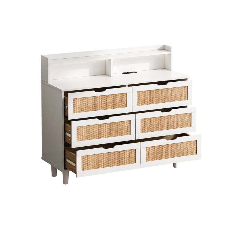 White Rattan Drawer Storage Cabinet with LED Lights and Power Outlet, Great for Bedroom and Living Room, 43.31" Size