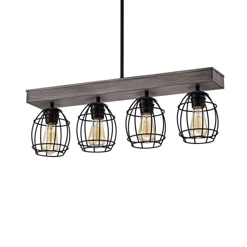 Wood and Black 4-Light Cage Linear Kitchen Island Lighting