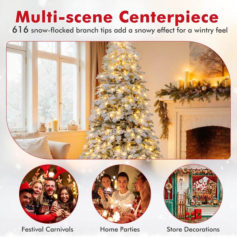 Costway 6/7 FT Artificial Snow-flocked Christmas Tree with 130 Balls, - See Details