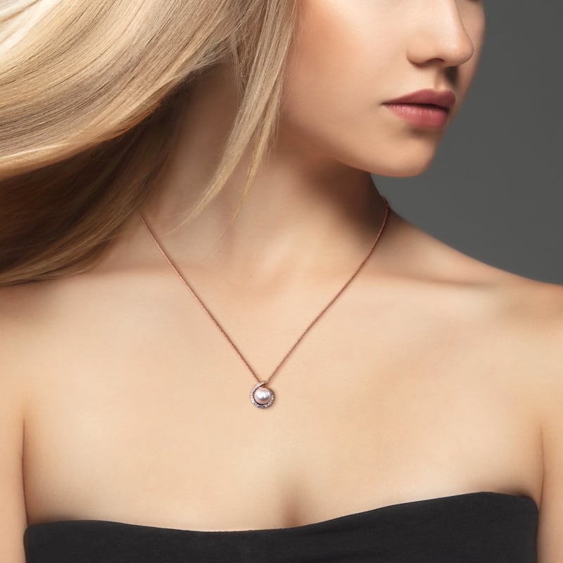 Miadora 8-8.5mm Cultured Freshwater Pearl and Diamond Swirl Halo 10k Rose Gold