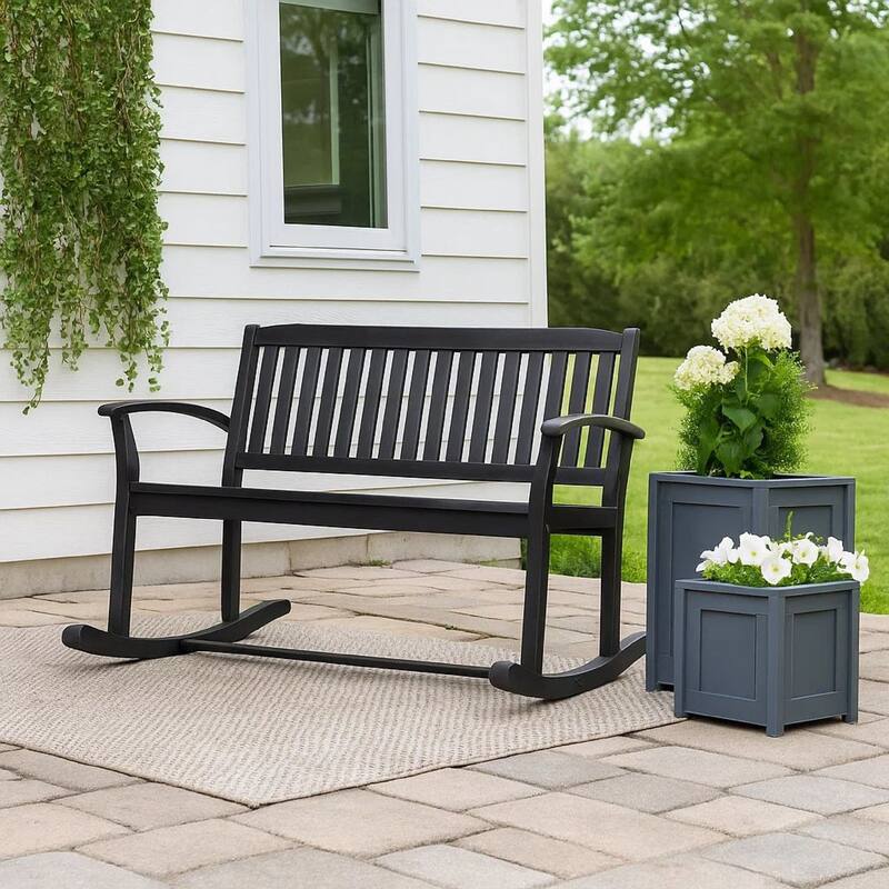 Outdoor Rocking Loveseat Bench, 50 Inch Gray Acacia Wood