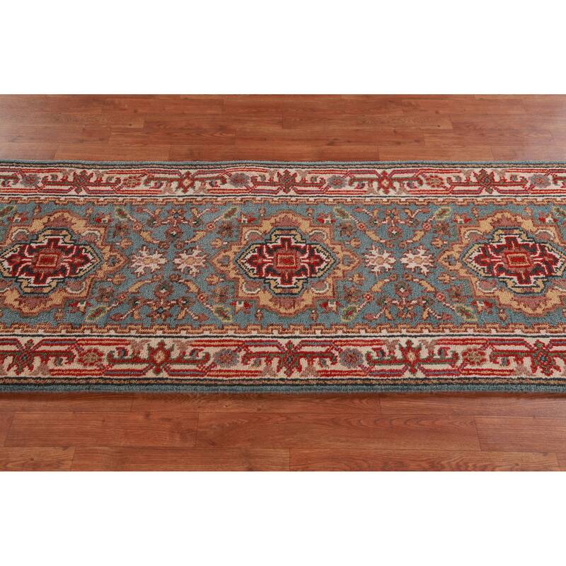 Light Blue Geometric Heriz Serapi Runner Rug Handmade Wool Carpet - 2'8"x 15'9"