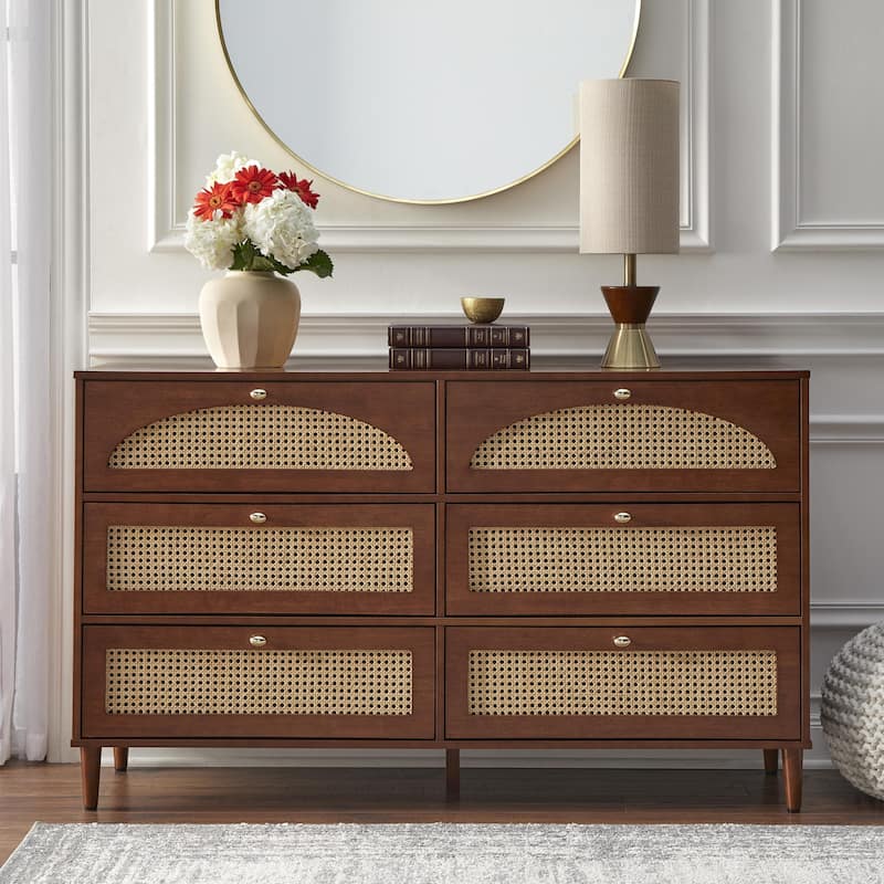 Lifestorey Taylor 6-Drawer Dresser with Natural Cane - Walnut