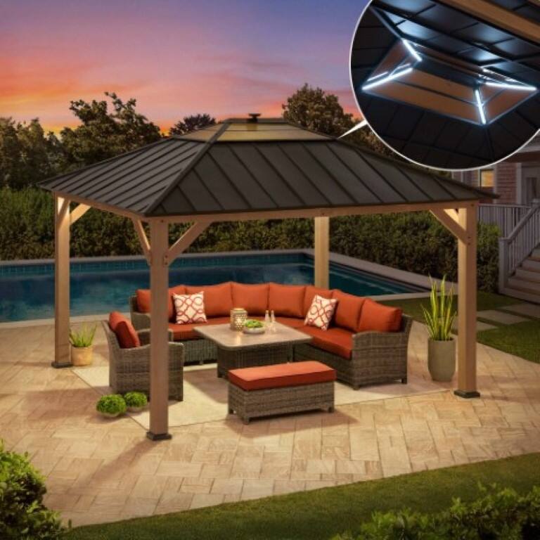 Sunjoy Outdoor Hardtop Gazebo Wooden Pergola with One-Tier Metal Roof, LED Light and Ceiling Hook