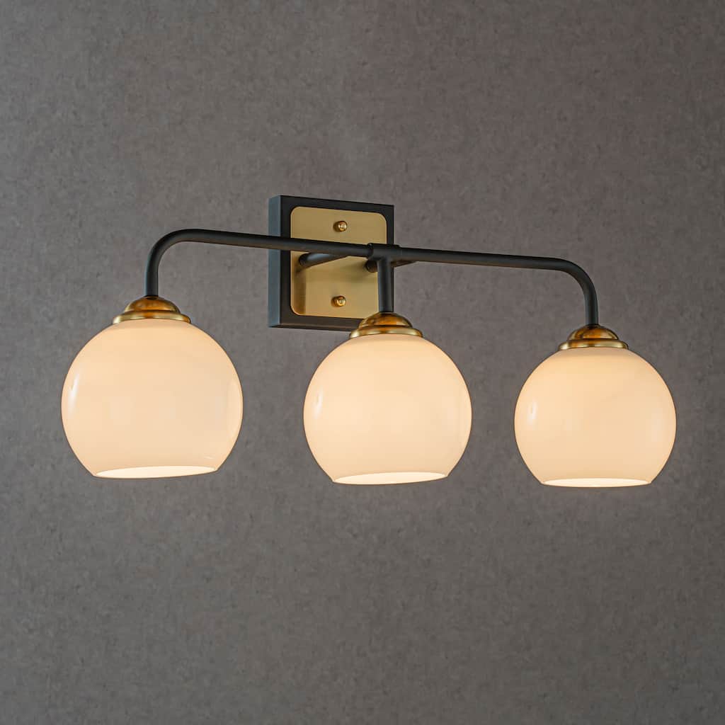 CraftHome 3-Light Modern Elegant Brass And Black Bathrooom Vanity Light With Milk White Glass Shades