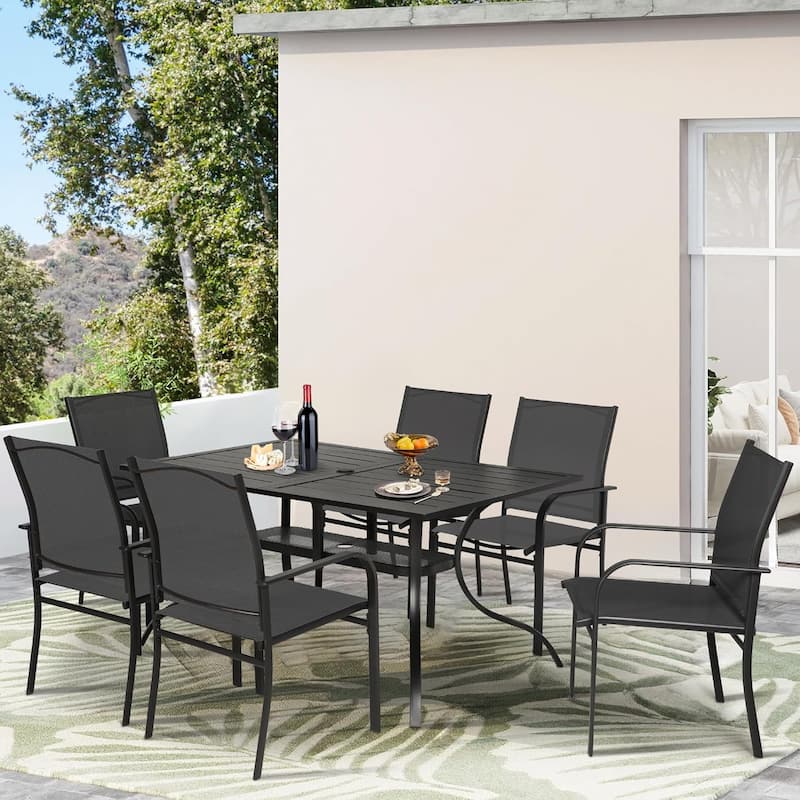 7 Piece Outdoor Patio Metal Dining Set of 6 Textilene Chairs and Rectangle Table with Umbrella Hole