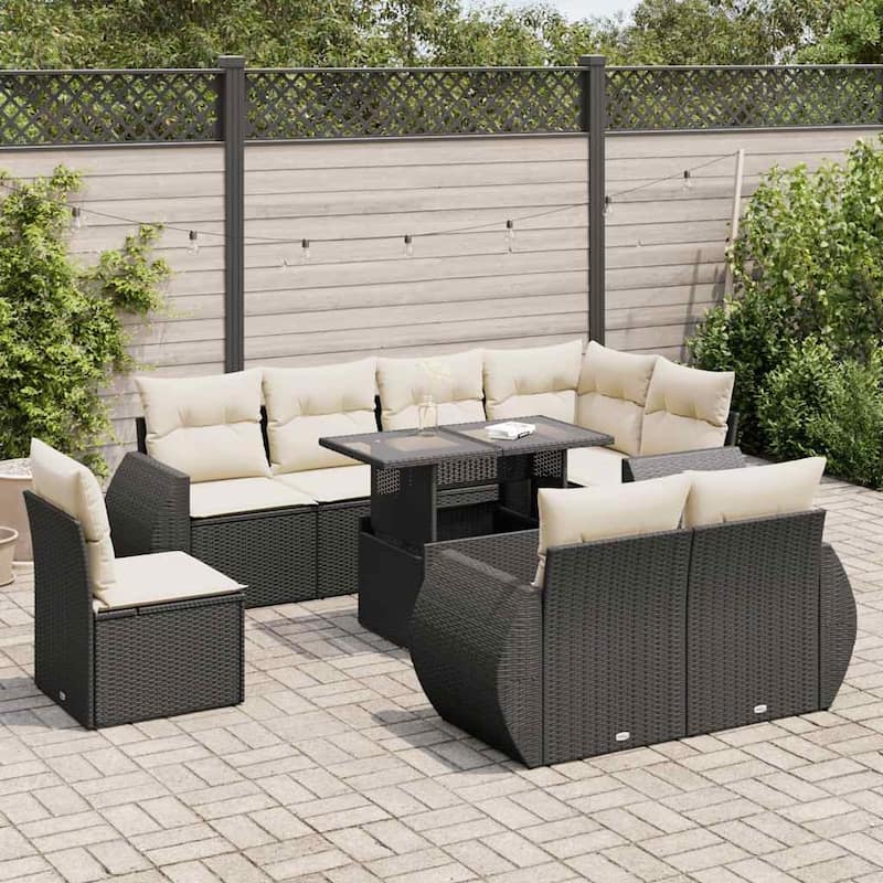 vidaXL Patio Sofa Set with Cushions Outdoor Furniture 9 Piece Poly Rattan - Black and Cream-with storage - 21.7 x 39.4 x 28.7