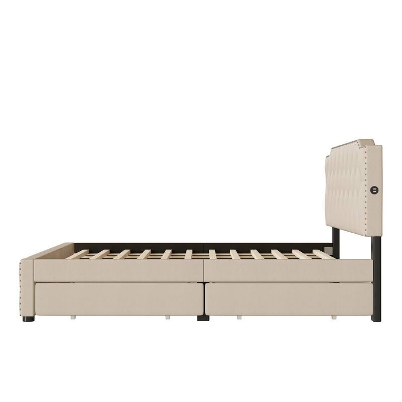 Queen Size Linen Upholstered Platform Bed with Drawers and USB Ports