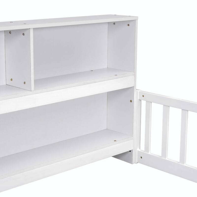 Full Floor Bed with Side Bookcase and Guardrails