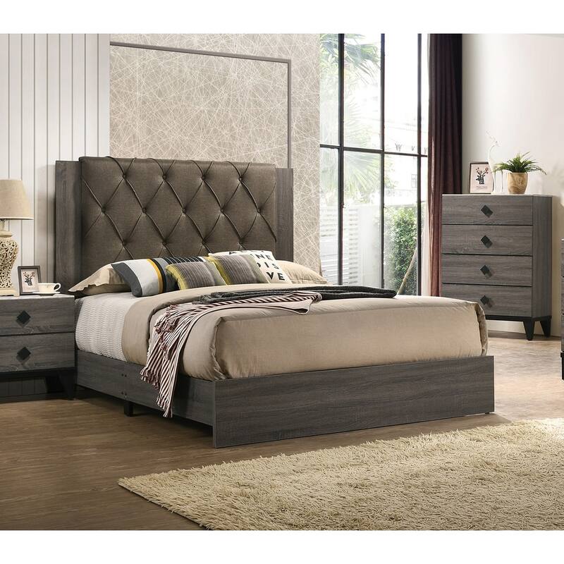 Queen Size Tufted Headboard Bed Frame in Gray Finish with Rubberwood Design