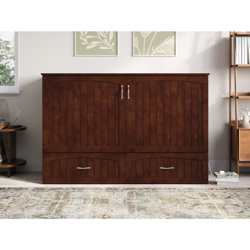 Solid Wood Murphy Bed Chest with Mattress & USB Charger - Walnut Finish, Space Saving Furniture