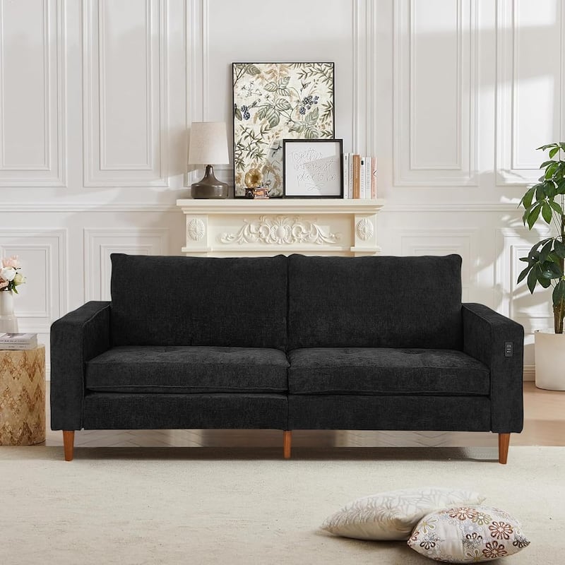 82.68'' Sofa for Living Room, Loveseat Sofa with USB/Type-C Port, Comfy Chenille Love Seat Couch with Removable Cover - Black