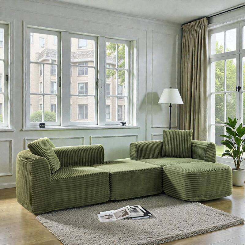114" Cloud Sectional Couch with L Shape Chaise, Modular Corduroy Sofa with Movable Ottoman, No Assembly