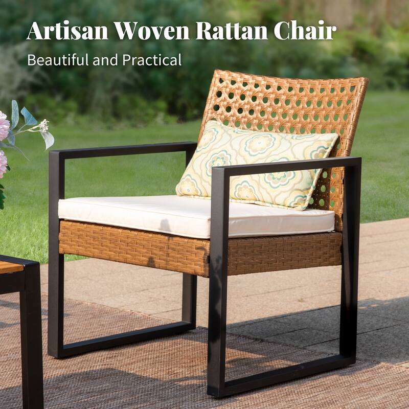 4-Piece Patio Furniture Wicker Outdoor Bistro Set, All-Weather Rattan Wood Conversation Set with Soft Cushions by Havenside Home