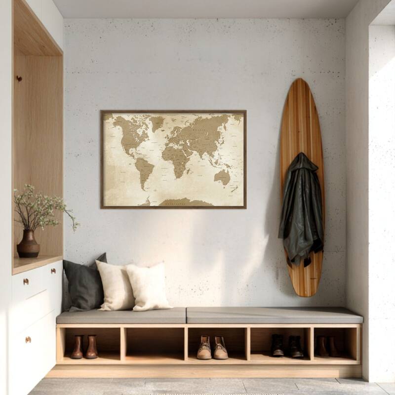Amanti Art Framed Fabric Pinboard Antique Style World Map by Inner circle Printed Bulletin Board - Board Size 36 x 24