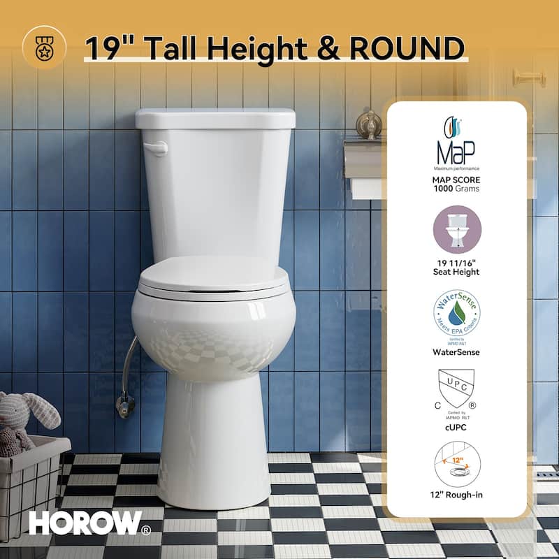 HOROW 2 Piece ADA Tall Single Flush Round Toilet White 1.28 GPF Strong Flush Soft Close Seat - 19 Inch