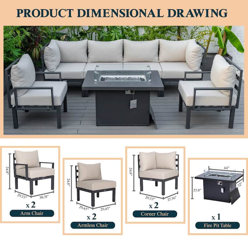 Outdoor 7-Piece Patio Sectional Set Aluminum Frame W/ Fire Pit Table