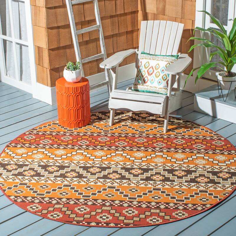 SAFAVIEH Veranda Rudy Indoor/ Outdoor Waterproof Patio Backyard Rug - 6'7" Round - Red/Chocolate