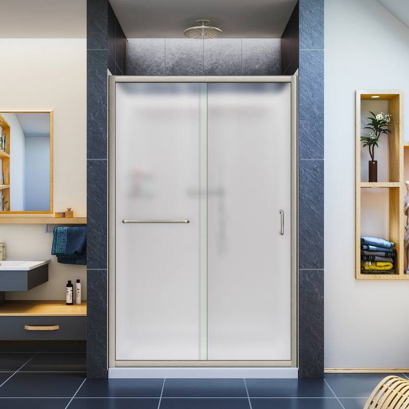 DreamLine Infinity-Z 36 in. D x 48 in. W x 76 3/4 in. H Sliding Shower Door, Shower Base and Backwall Kit - Brushed Nickel Finish Frosted Glass
