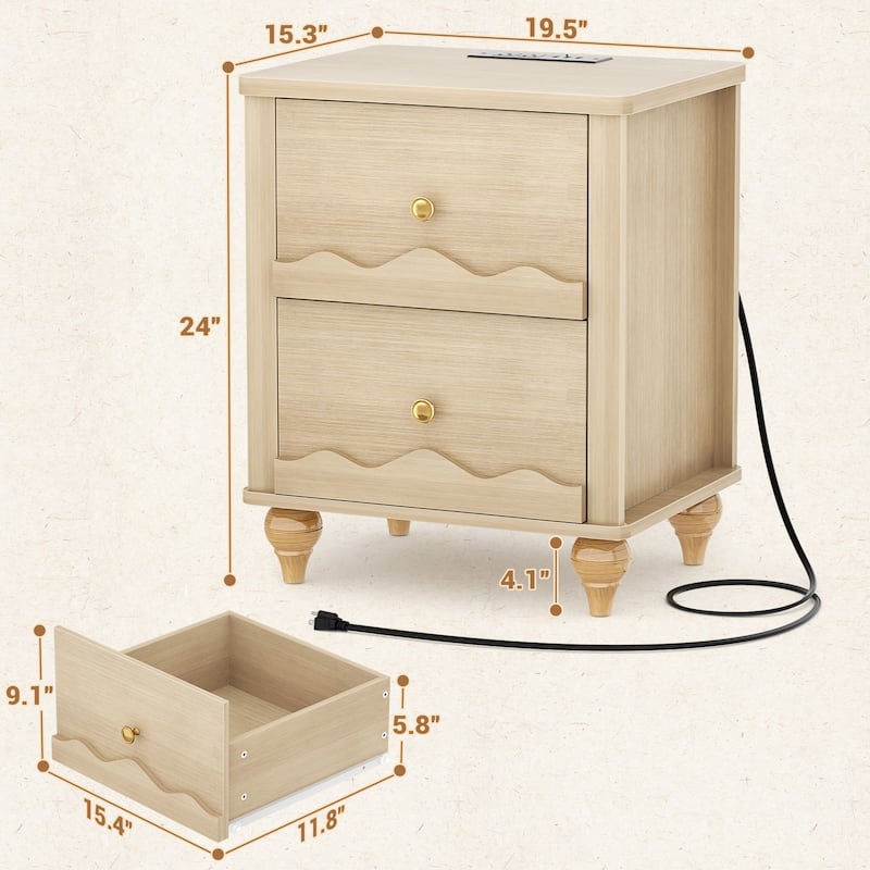 Modern Nightstand with Charging Station, Side End Table with 2 Drawers