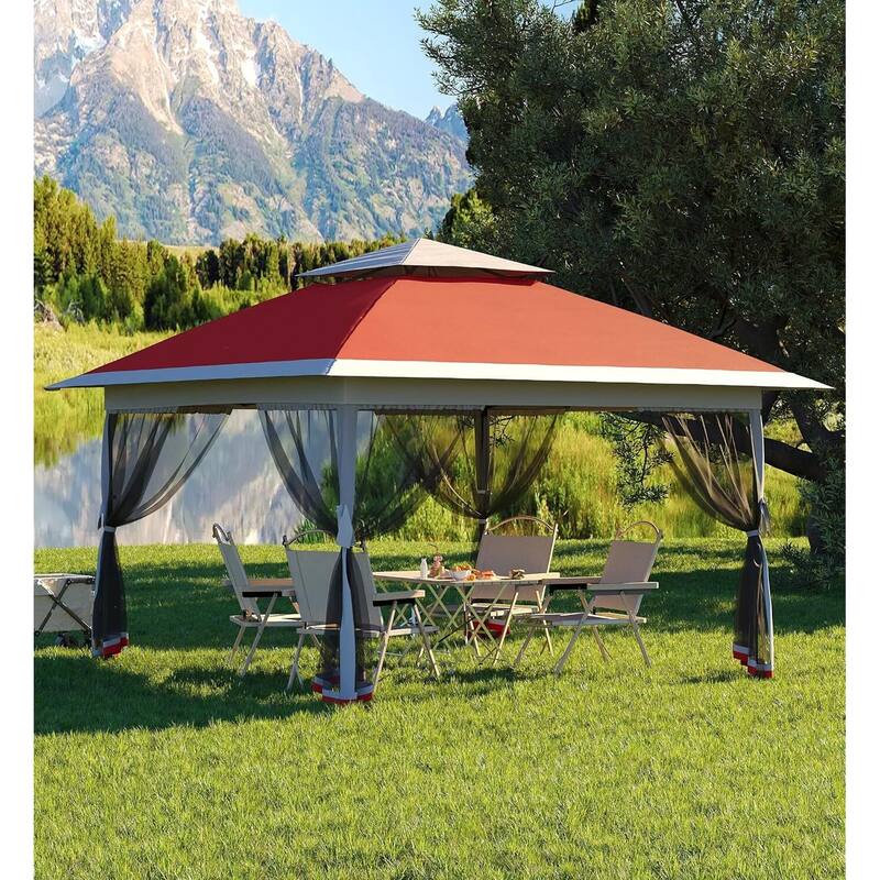 13x13 Outdoor Pop up Gazebo, with Mosquito Netting - 13*13Ft - Red+Light Grey