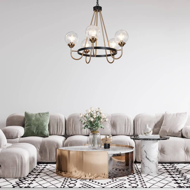 Modern 5-Light Black Gold Wagon Wheel Chandelier Glass Pendant Light for Dining Room - 22" D x 21.5" H