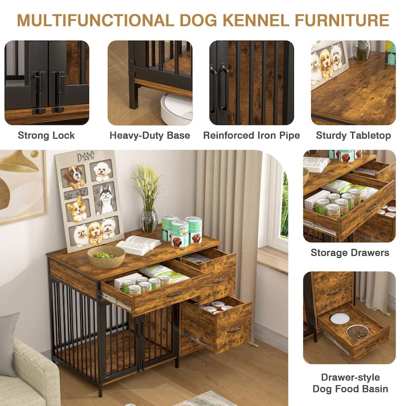 Javlergo Multi-Functional Dog Crate Furniture with Lockable Doors Food Storage 3 Drawers & Pull-Out Feeding Bowls for Dogs