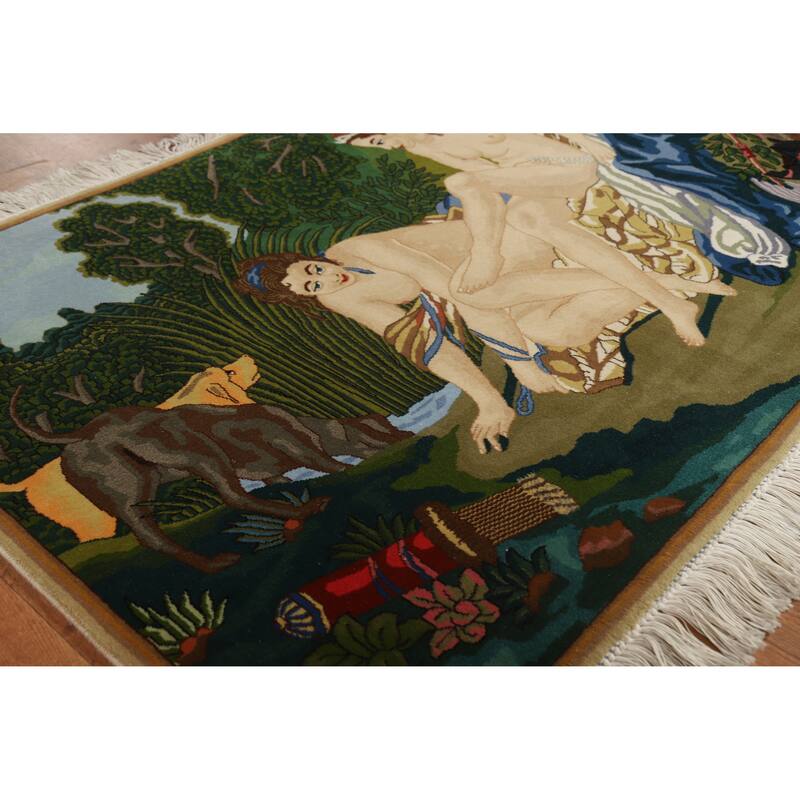 Hand Knotted Oriental 100% Wool Carpet Traditional Pictorial Multi-Colored Tabriz Area Rug - 4' 3'' X 3' 2''