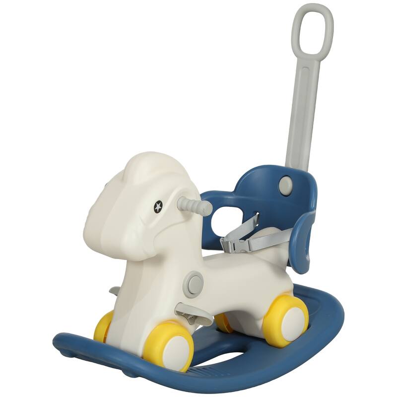 4 in 1 Rocking Horse for Toddles 2-5 Years, Baby Ride on Horse with Detachable Push Handle & Balance Board, - Blue