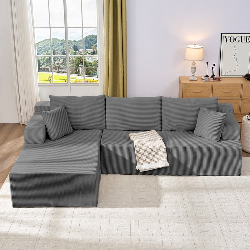 Mixoy 2-Pcs Free Combination Modular Sectional Sofas with Deep Seat,Corduroy L-Shaped Sofa with Chaise Lounge - 3-Seater