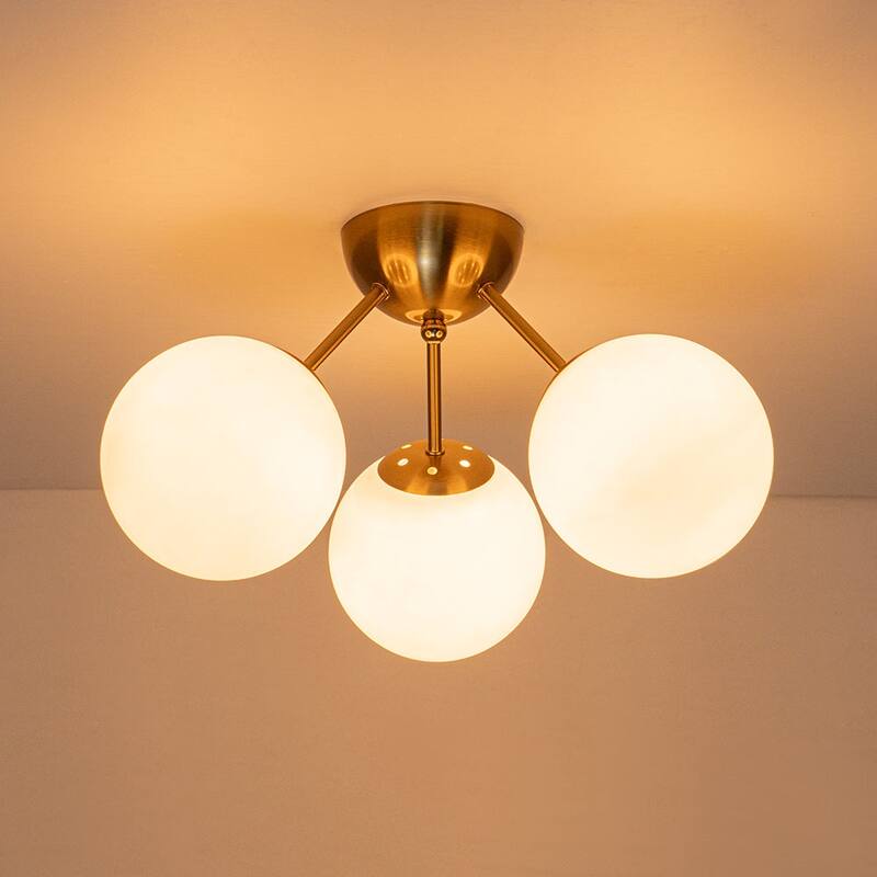3-Light Brushed Brass Glass Globe Sputnik Semi Flush Mount