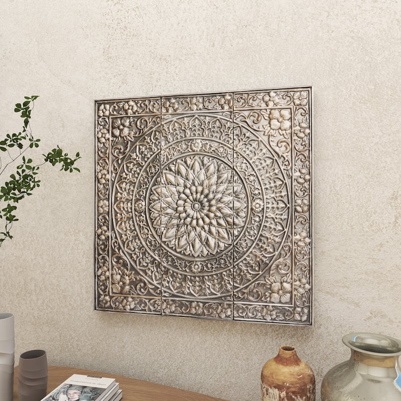 Metal Floral Embossed Home Wall Decor with Gray Backing - Grey or Silver - Roche River Decor