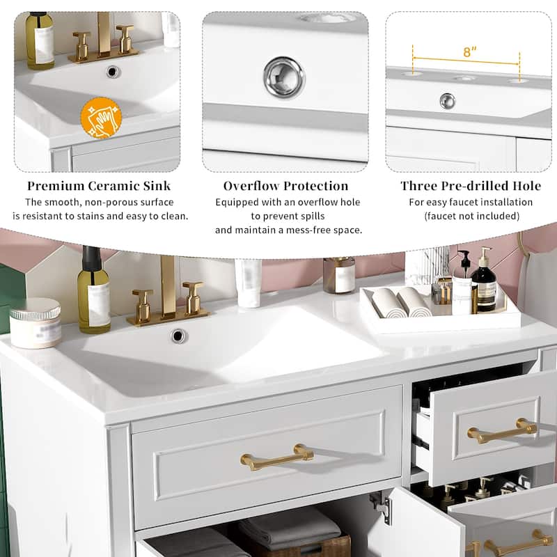 36" Luxury Elegant Bathroom Vanity with Ceramic Sink,Soft Closing Doors,4 Durable Smooth Soft-close Drawers,1 Adjustable Shelf