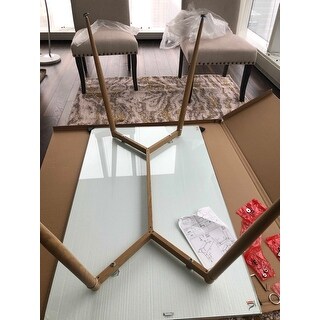 Mid Century Modern Glass Dining Table with Foot Pad Wooden Skin Leg - glass top with metal wooden leg - 51.5 x 31.5 x 29.5