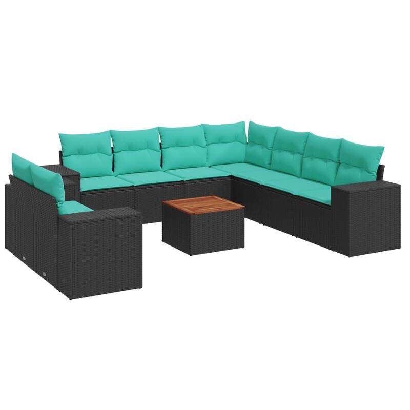 vidaXL 10 Piece Patio Sofa Set with Cushions Black Poly Rattan - 24.4 x 24.4 x 27.2