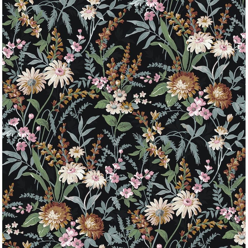 NextWall Vintage Floral Peel and Stick Wallpaper - 20.5 in. W x 18 ft. L - Onyx