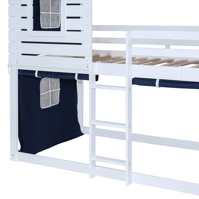 Blue Twin Size Solid Wood House Bunk Bed with Tent, Ladder, and Fence