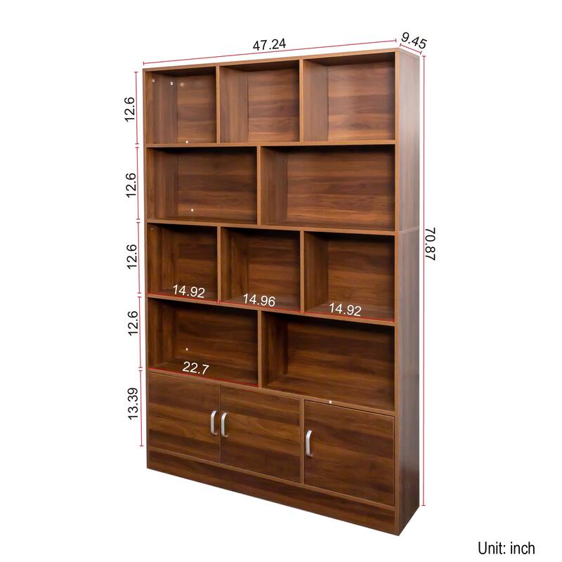 70.87" Tall Bookshelf with 10 Cubes and 3 Doors - Walnut