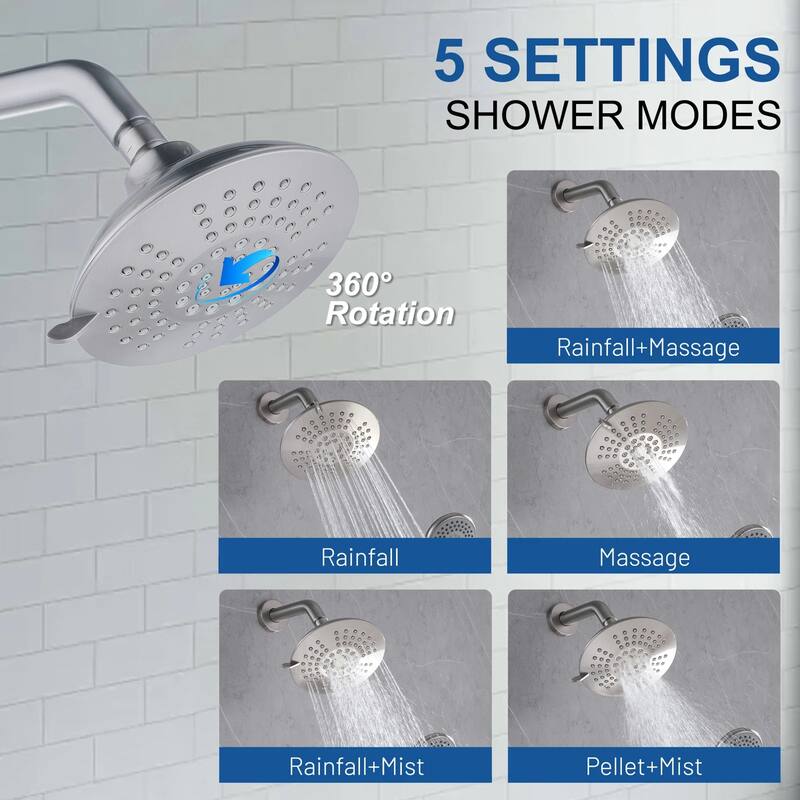 Solid Brass Pressure Balanced Bathroom Shower Faucet Set with 5-Function Rain Shower Head