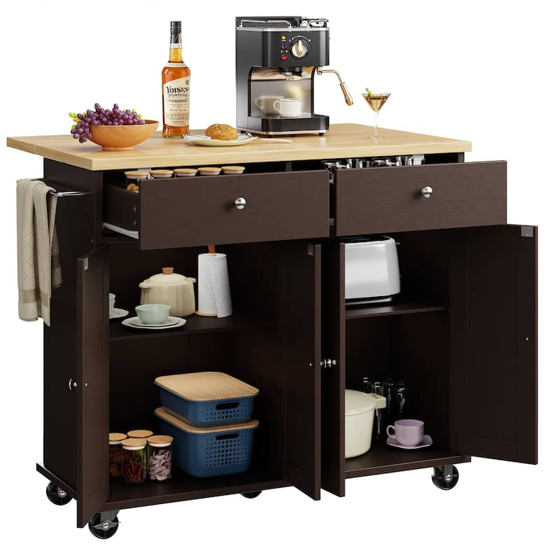 Kitchen Storage Island with 2 Drawers & Extendable Countertop - Rolling Storage Cart with Towel Rail, Lockable Wheels