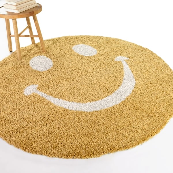 slide 2 of 5, Mod-Tod Smiley Face Emoji Kids Shag Area Rug - 5'3" Round 5'3" Round - Yellow