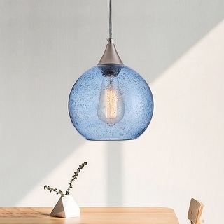 Farmhouse 1-Light Brushed Nickel Pendant Lamp with Blue Seeded