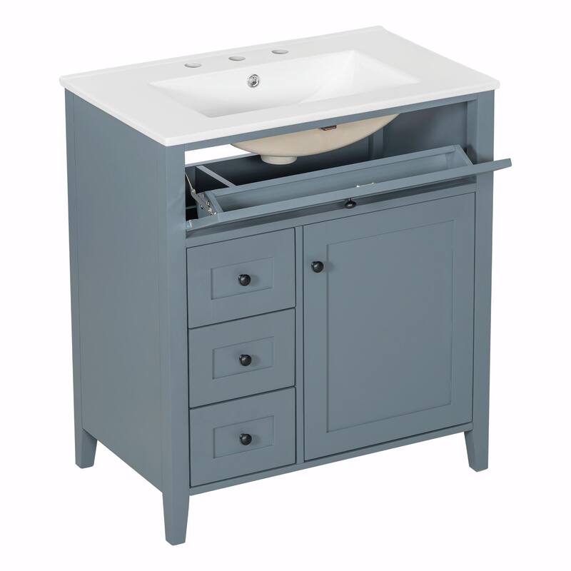 Bathroom Vanity with Sink, Modern MDF and Rubberwood Cabinet with 3 Drawers and Adjustable Shelf