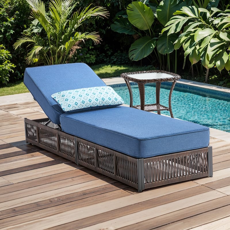 Pocassy Outdoor Lounge Chairs, Pool Lounge Chairs with 5 Adjustable Backrest - 2-Piece Brown Wicker Blue Cushion