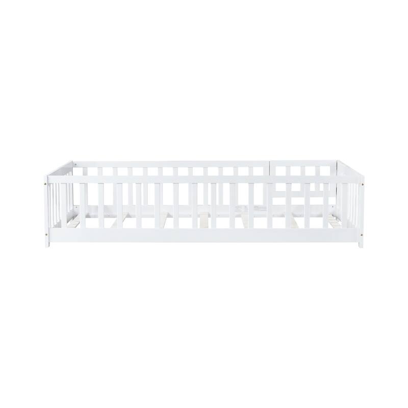 Full Size Floor Bed With Fence And Door,Rubber Wood Floor Bed With Safety Guardrails