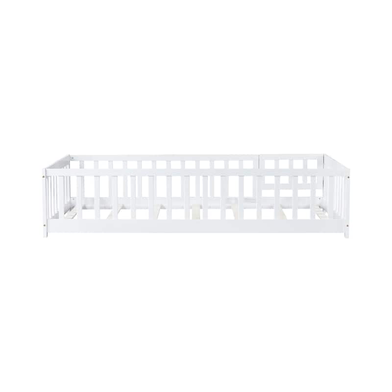 Twin Size Floor Bed with Fence and Door,Rubber Wood Floor Bed with Safety Guardrails