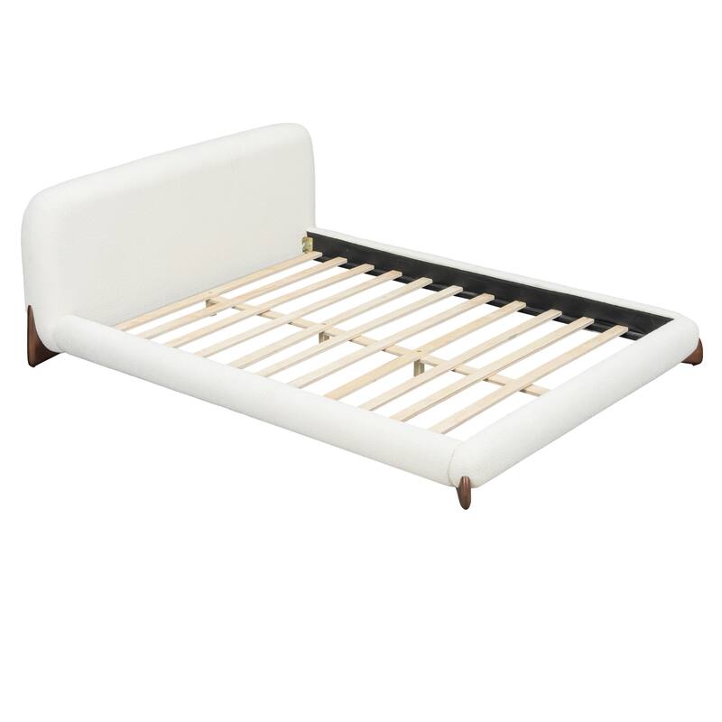 White Upholstered Low-Profile Platform Bed with Boucle Thick Headboard, Solid Wood Legs Grounded Bed Frame, Floor Bed