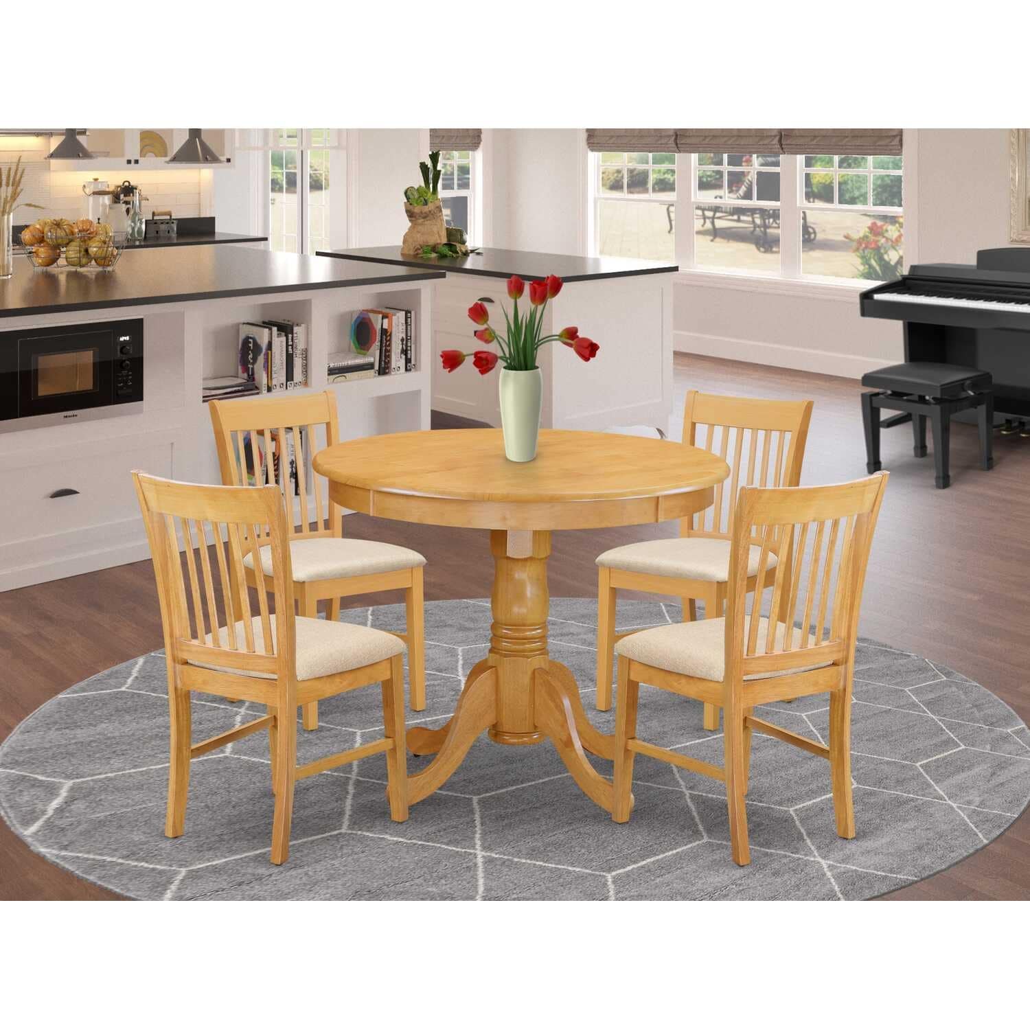 HomeStock 5-Pc Round Natural Oak Finish Solid Wood Top Dining table with 4 Chairs