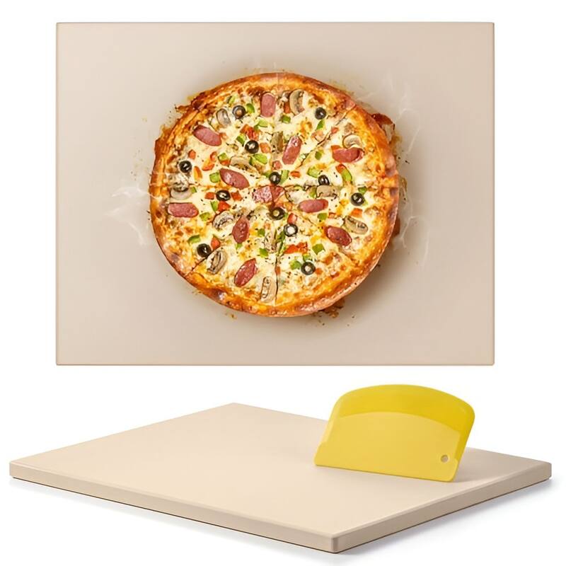 Beige Cordierite Rectangular Pizza Stone 15x12in Heat-Resistant with PP Scraper - 15 x 12 x 0.6 in