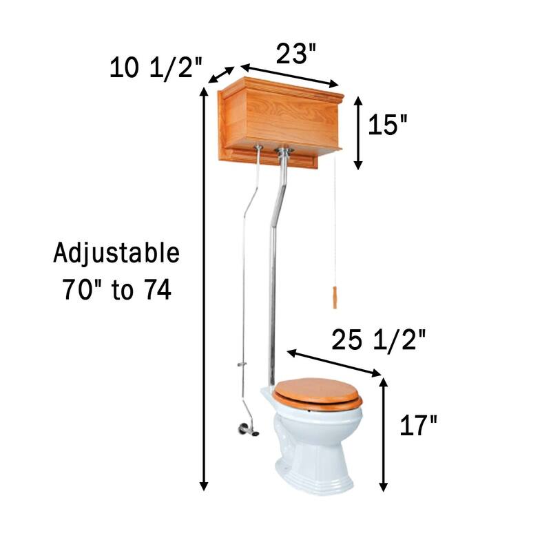 High Tank Toilet - Light Oak Wooden Flat Tank, Round White Bowl Chrome L Pipes Renovators Supply